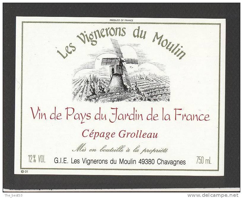 Etiquette De Vin De Pays Du Jardin De La France - Les Vignerons Du Moulin  à Chavagnes  (49) - Moulin à Vent - Mulini A Vento