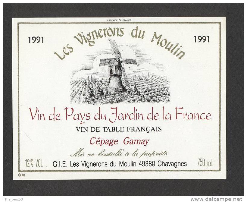 Etiquette De Vin De Pays Du Jardin De La France 1991- Les Vignerons Du Moulin à Chavagnes (49) - Moulin à Vent - Molinos De Viento