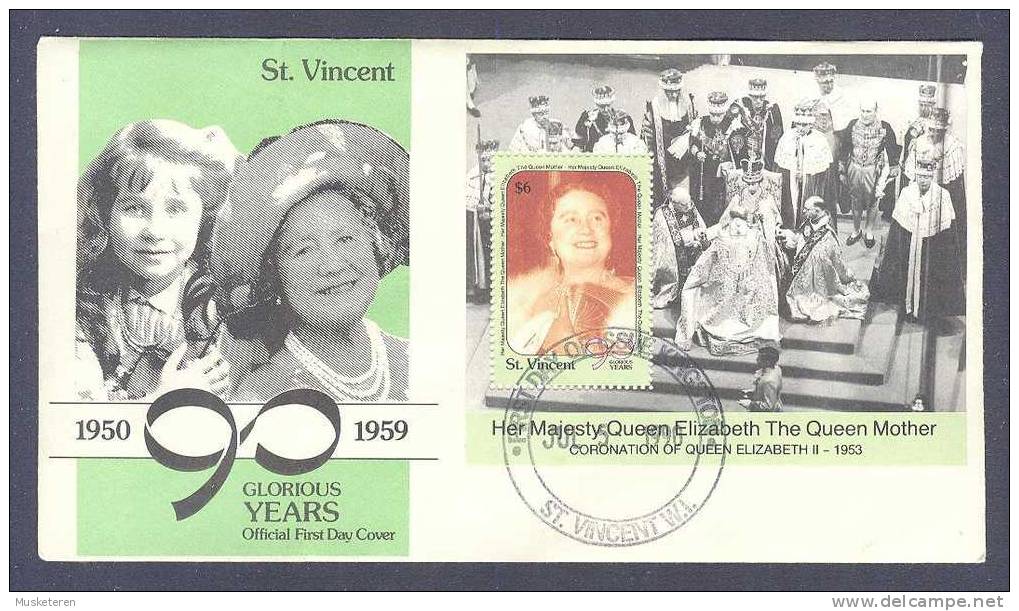 St. Vincent 1990 FDC Cover 90th Birthday Of The Queen Mother Block 99 Miniature Sheet - St.Vincent (1979-...)