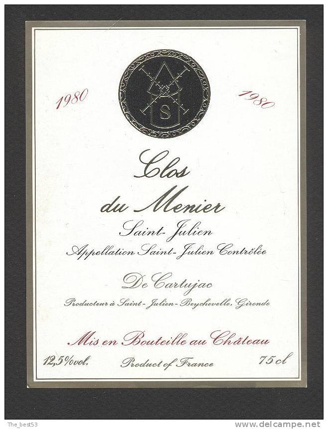 Etiquette De Vin Saint Julien 1980 - Clos Du Meunier - De Cartujac à Saint Julien (33) - Moulin à Vent - Windmühlen