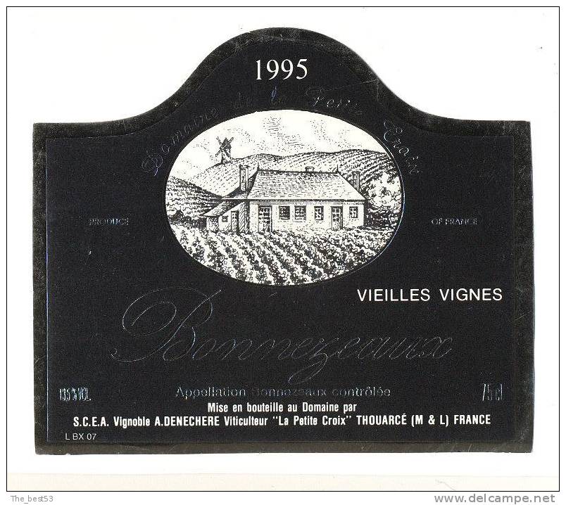 Etiquette De Vin Bonnezeaux 1995 -   Domaine De La Petite Croix - A. Denechère à Thouarcé (49) - Moulin à Vent - Windmills