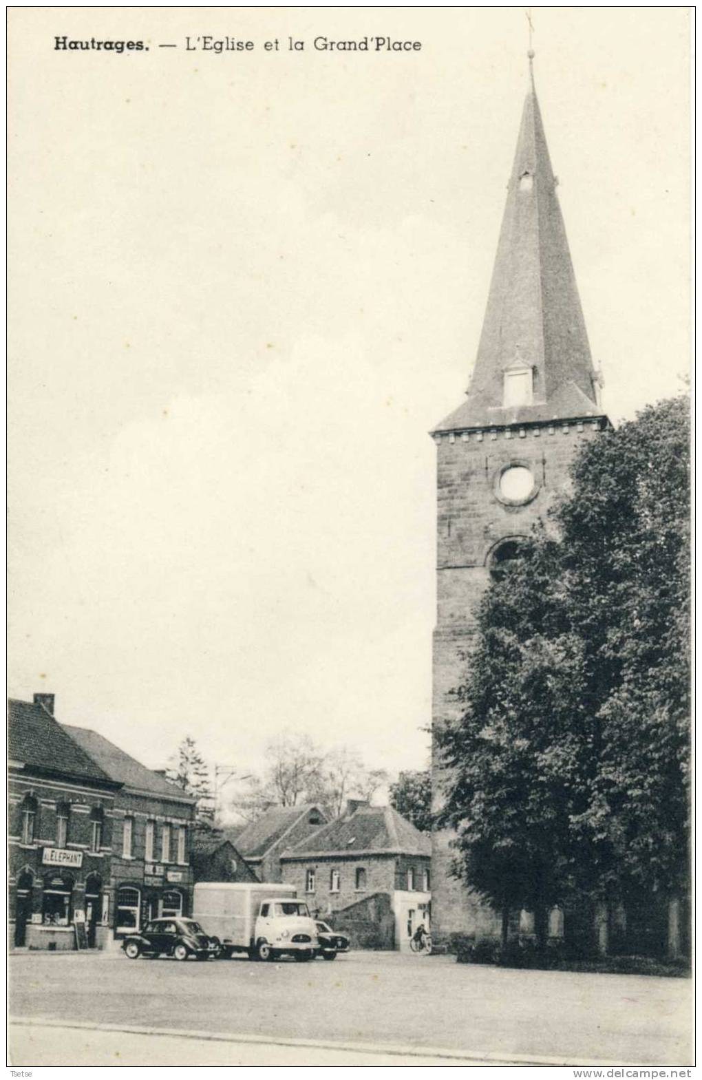 Hautrages - L'Eglise Et La Grand' Place - Oldtimer, Vieux Camion, Magsin " L'Elephant "  ( Voir Scan ) - Saint-Ghislain