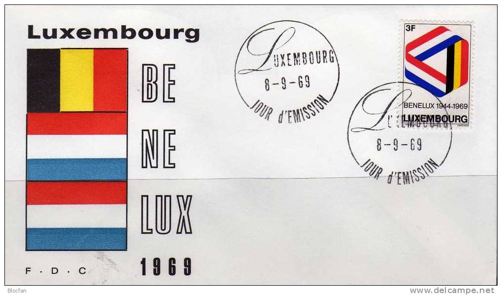 BENELUX-Flaggenband 1969 Luxemburg 793 Plus FDC O 1€ 25 Jahre Zoll-Union CEPT Sympathie - Ausgabe Und Mitläufer Cover - Lettres & Documents
