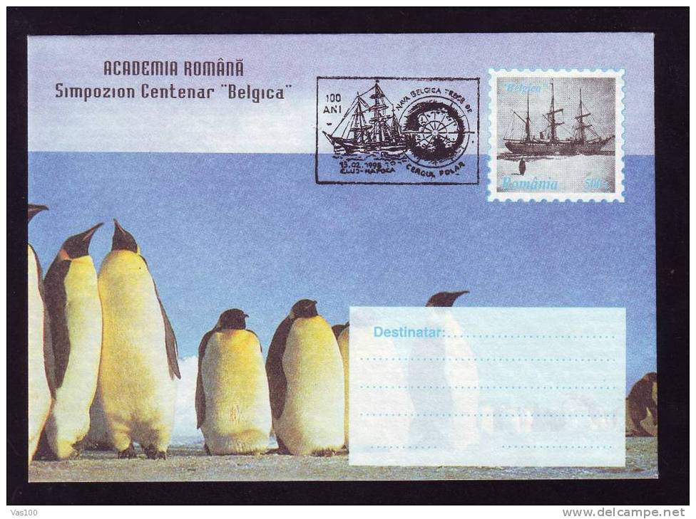 Penguin 1 COVER STATIONERY Pingouin 1998 ANTARCTIKA POLAR EXPLORER SHIP BELGICA,ROMANIA - Penguins