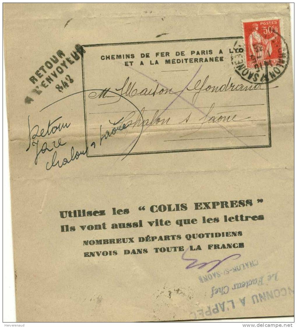 Avis D'arrivage De Colis  à Chalon-sur-Saône Avec Paix N°283 - Brieven & Documenten