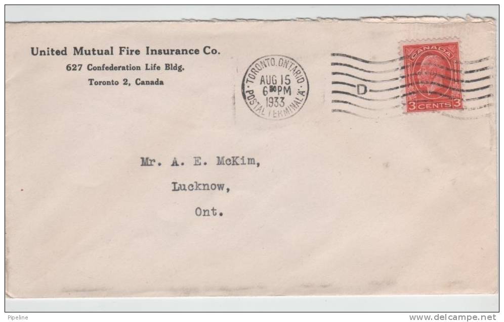 Canada Cover Sent To Iucknow Ontario Toronto Ontario 15-8-1933 - Lettres & Documents