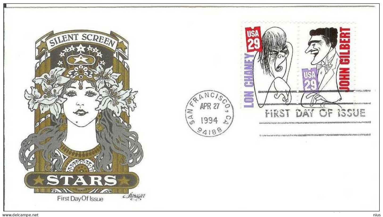USA United States 1994 FDC Actor Lon Chaney John Gilbert Film Cinema Movie Comedy Silent Screen Comedians - 1991-2000