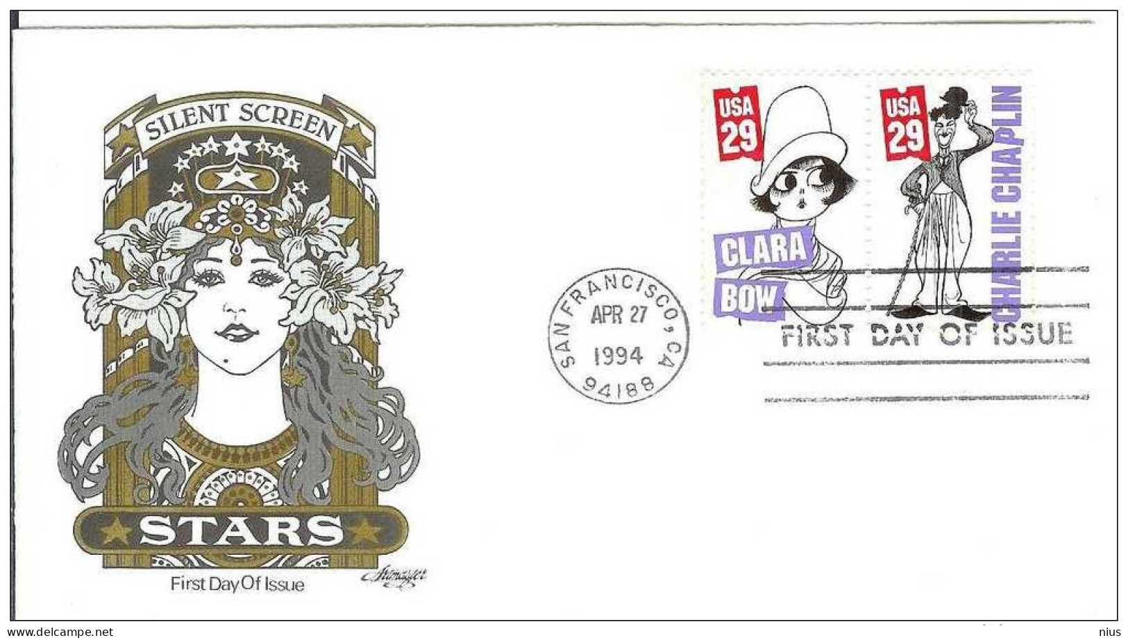 USA United States 1994 FDC Actor Charlie Chaplin Clara Bow Film Cinema Movie Comedy Silent Screen Comedians - 1991-2000