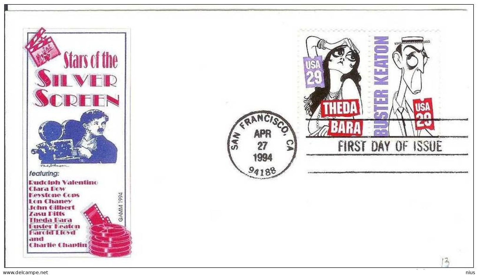 USA United States 1994 FDC Actor Theda Bara Buster Keaton Film Cinema Movie Comedy Comedians - 1991-2000