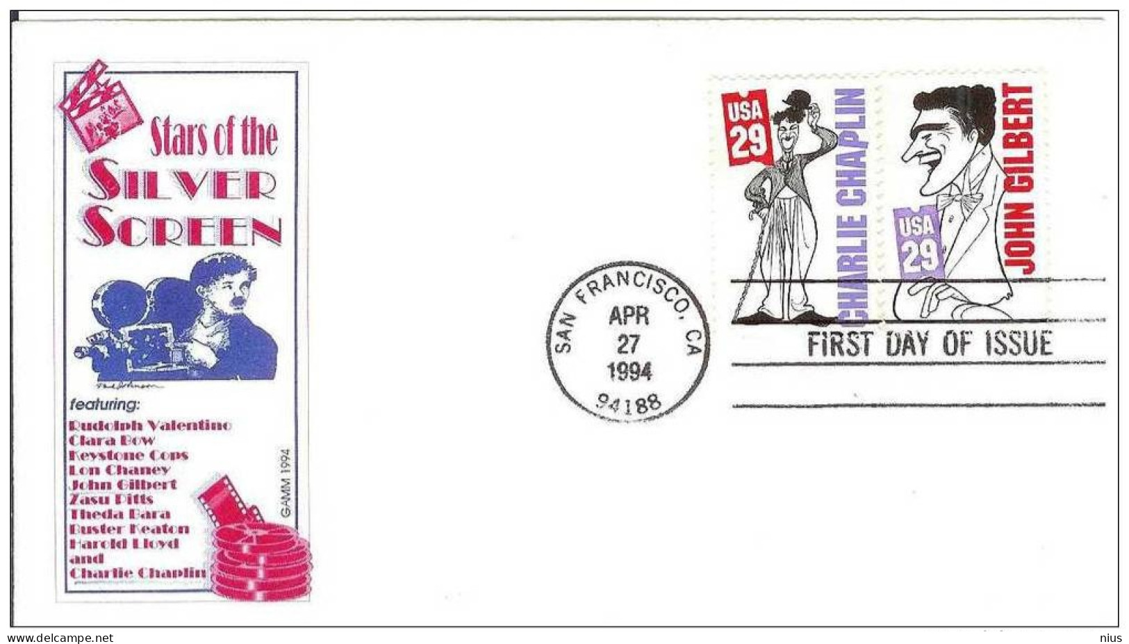 USA Unitead States 1994 FDC Actor Charlie Chaplin John Gilbert  Film Cinema Movie Comedy Comedians - 1991-2000