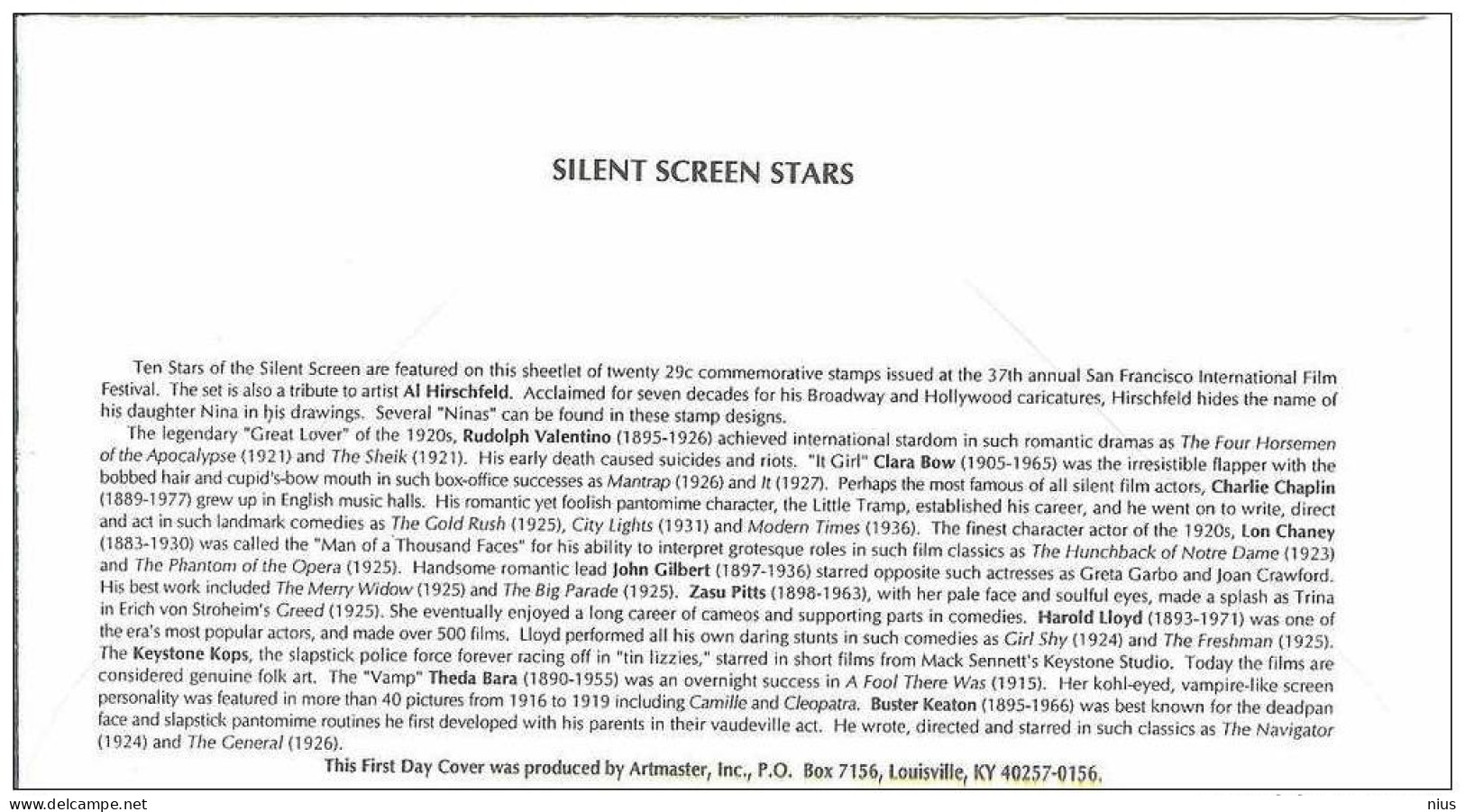 USA United States 1994 FDC Actor Theda Bara Film Cinema Movie Comedy Silent Screen Comedians - 1991-2000