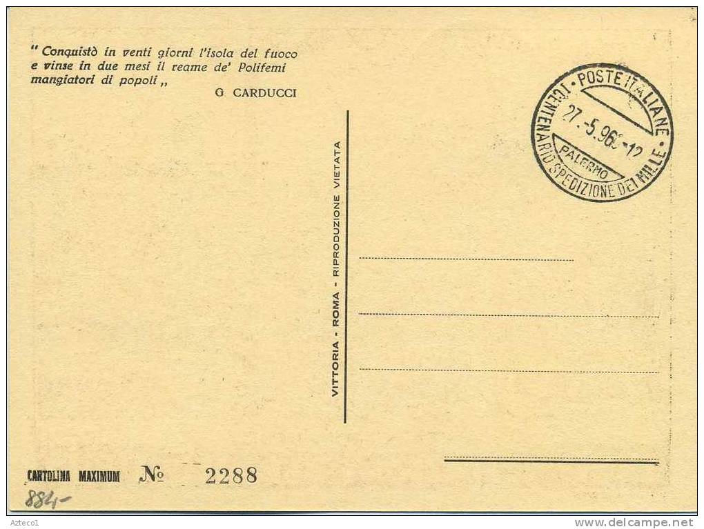 ITALIA - FDC MAXIMUM CARD 1960 - GARIBALDI - SPEDIZIONE DEI MILLE - ANNULLO DI PALERMO - Cartes-Maximum (CM)