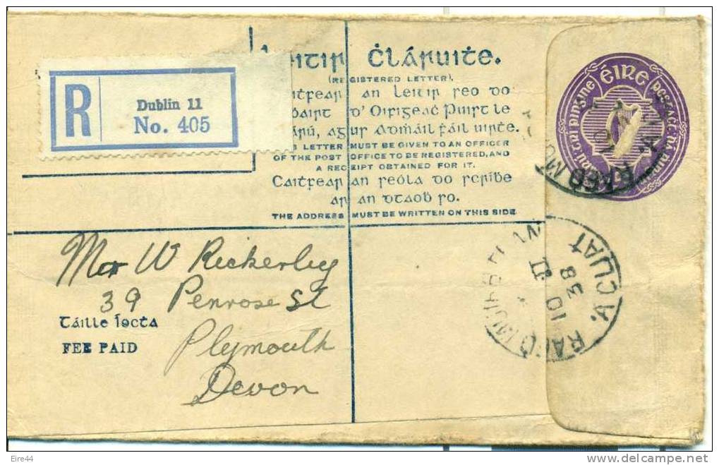Ireland 1938 Postal Stationery H&G6a Registered Dublin  Plymouth Devon Harp - Lettres & Documents