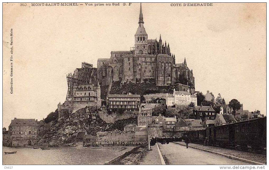 MONT SAINT MICHEL AVEC TRAIN A VAPEUR SUR LA DIGUE AVEC  PELERINS CIRC NON  EDIT GF / 350 - Le Mont Saint Michel