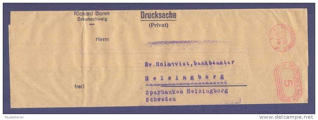 Germany Deutsches Reich RICHARD BOREK, BRAUNSCHWEIG 1926 Red Meter Stamp Streifband Wrapper Drucksach (Privat) To Sweden - Machines à Affranchir (EMA)