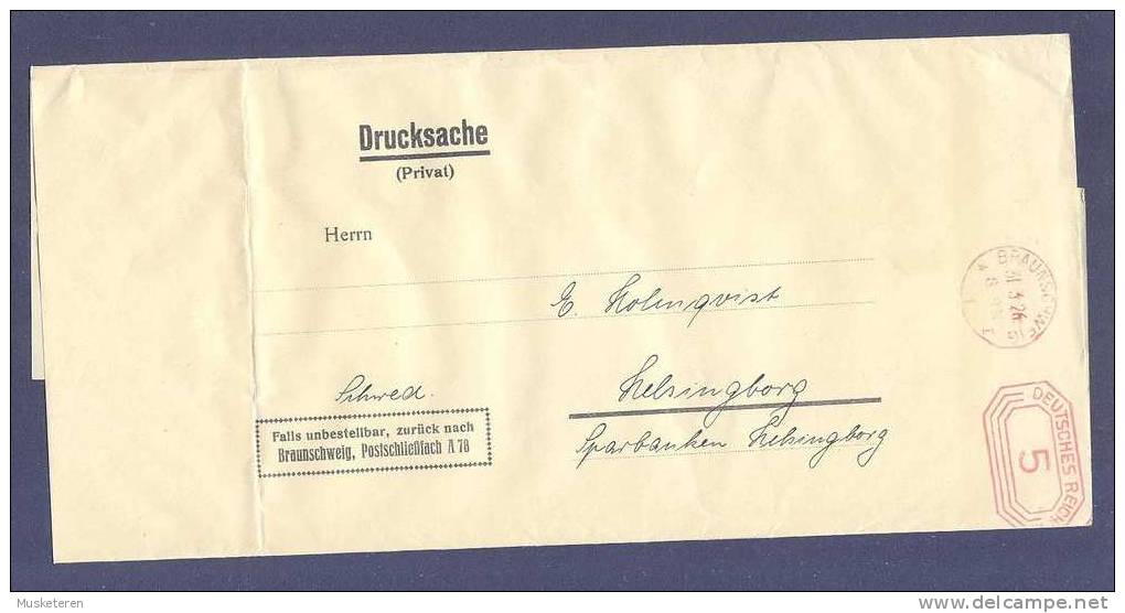 Deutsches Reich BRAUNSCHWEIG 1926 Red Meter Stamp Streifband Wrapper Drucksach (Privat) To Sweden - Franking Machines