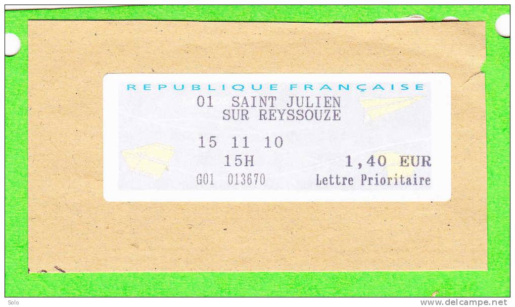 Sur Fragment - EMA LISA SAINT JULIEN SUR REYSSOUZE (Ain) à 1€40 Du 15-11-2010 - 2000 Type « Avions En Papier »