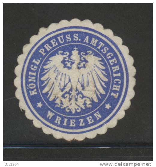 DEUTSCHSLAND PREUSSEN GERMANY PRUSSIA Siegelmarke Koeniglich Preussisches Amtsgericht - Wriezen - Matasellos Generales