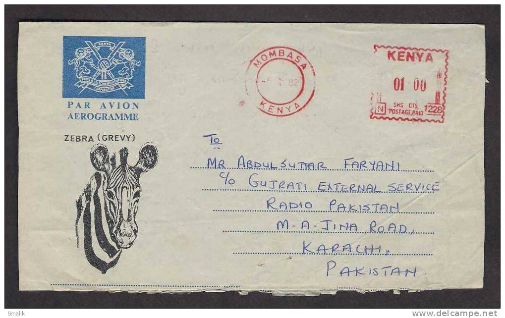 Kenya Meter Marking Postal History Aerogramme Used Mombasa To Karachi 5-1-1982 - Kenya (1963-...)