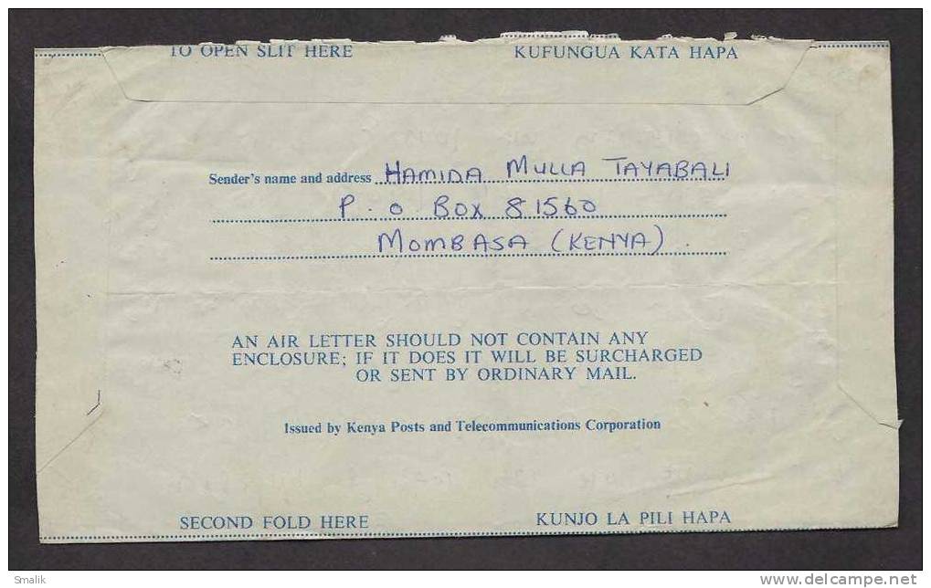 Kenya Meter Marking Postal History Aerogramme Used Mombasa To Karachi 5-1-1982 - Kenya (1963-...)
