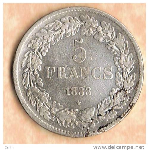 Leopold I  5francs 1833 Pos B . Morin : N°8b - 5 Francs