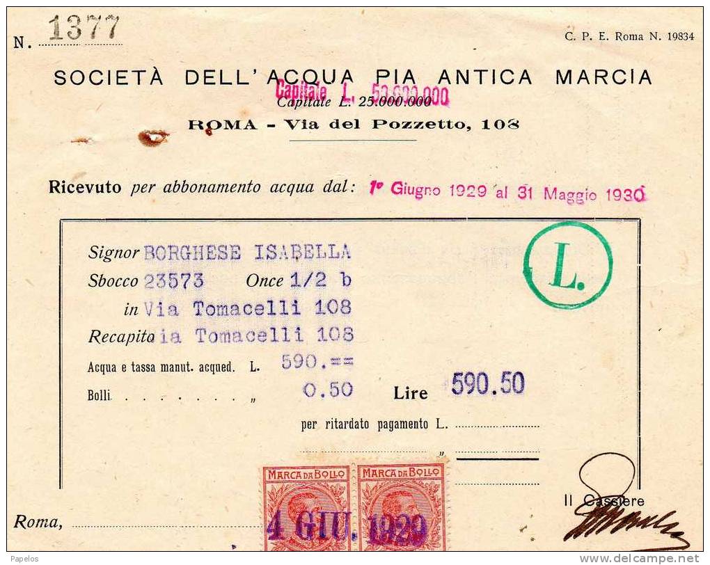1929 RICEVUTA PER ABBONAMENTO ACQUA  CON 2 MARCHE DA CENT. 20 SOCIETA'DELL'ACQUA PIA ANTICA MARCIA - Revenue Stamps