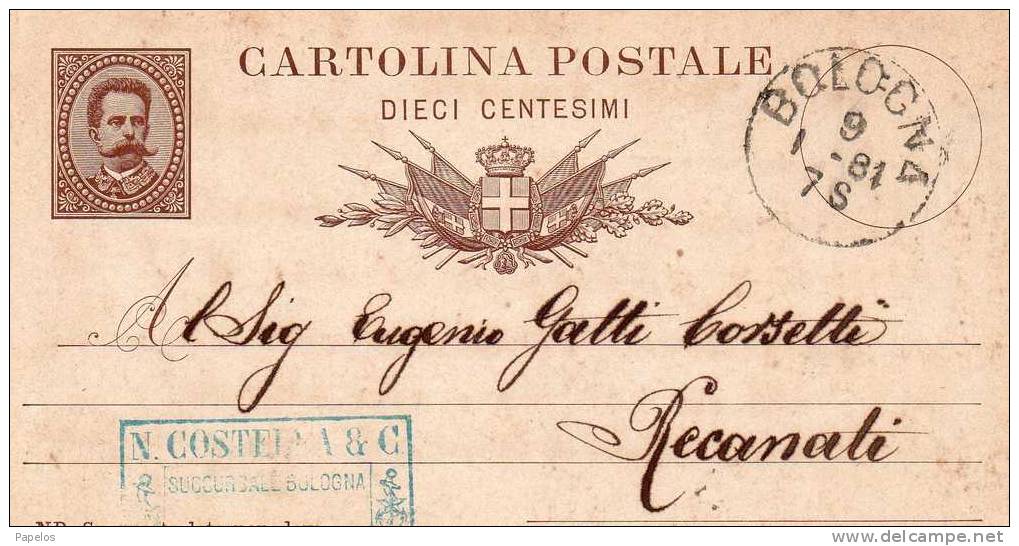 1881 CARTOLINA SU INTERO POSTALE CON ANNULLO BOLOGNA - Postwaardestukken