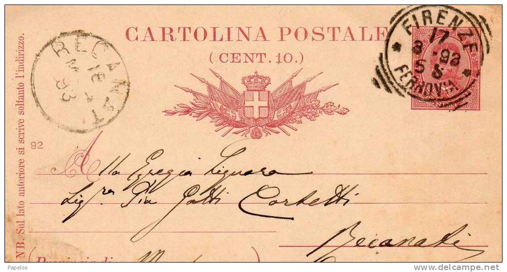 1893 CARTOLINA SU INTERO POSTALE CON ANNULLO FIRENZE FERROVIA - Stamped Stationery