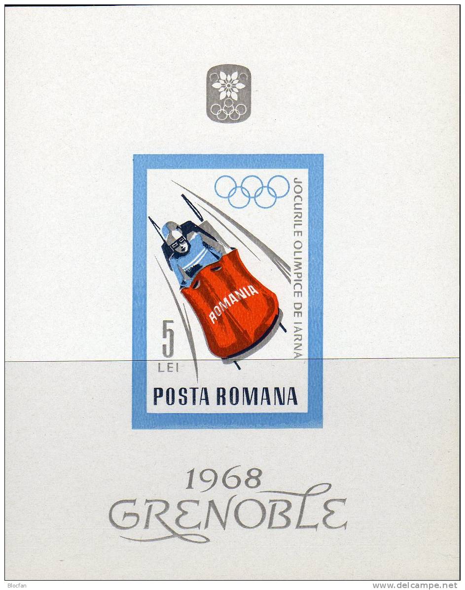 Olympic Bob-Fahrt Im Eiskanal 1967 Rumänien 2627 Plus Block 64 ** 13€ Olympiade Grenoble Sheet From Romania - Unused Stamps