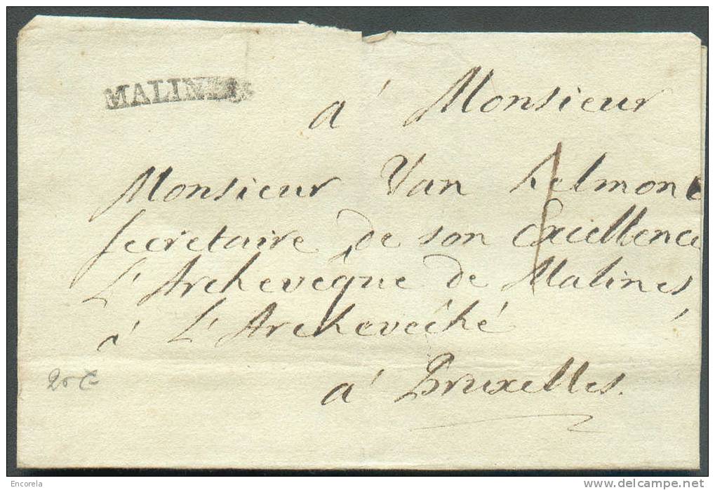 LSC De MALINES (griffe Noire) (ca. 1771) Vers Bruxelles à Mr; Van Helmont, Secrétaire De Son Excellence L'Archevêque De - 1714-1794 (Oostenrijkse Nederlanden)