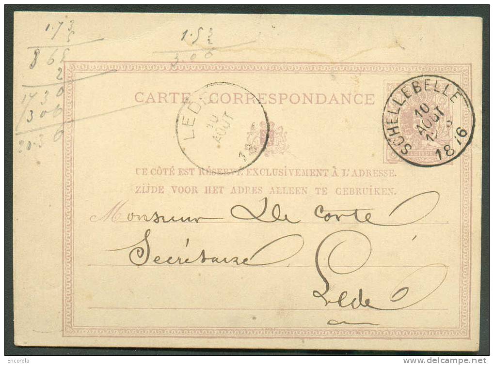 EP Carte 5 Centimes Lion Couché, Obl; Sc SCHELLEBELLE 10 Août 1876 Vers Lede.N. 250x3.  TB  - 6351 - Cartoline 1871-1909