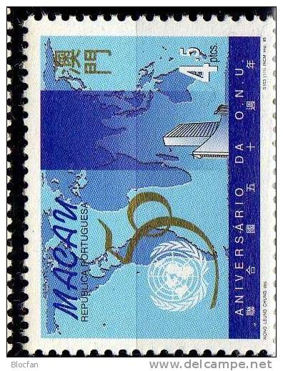 50 Jahre UNO 1995 Macao 826, 2ZD plus 4-Block ** 20€ Karte der Erde UN-Gebäude New York sheet from MACAU