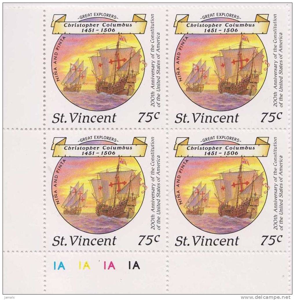 Christopher Columbus, Boat, Ship, Nina & Pinta, Discovery Of America, Block Of 4, MNH St Vincent - Christophe Colomb