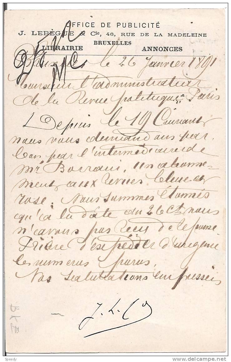 ENTIER / POSTWAARDESTUK Nr. 21 I  " BRUXELLES 1891" + Verso "OFFICE DE PUBLICITE LEBEGUE / BXL" - Variétés/Curios.