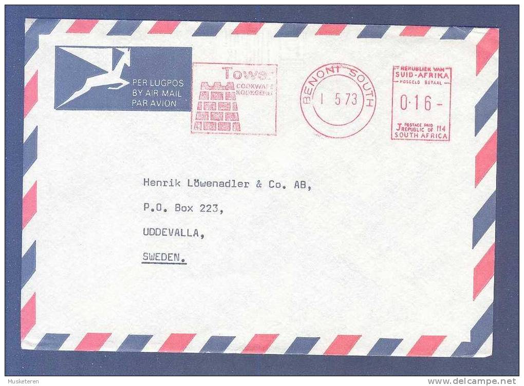 South Africa Airmail Per Lugpos Par Avion TOWER Cookware BENONT SOUTH 1973 Meter Stamp Cover To Uddevalla Sweden - Luchtpost