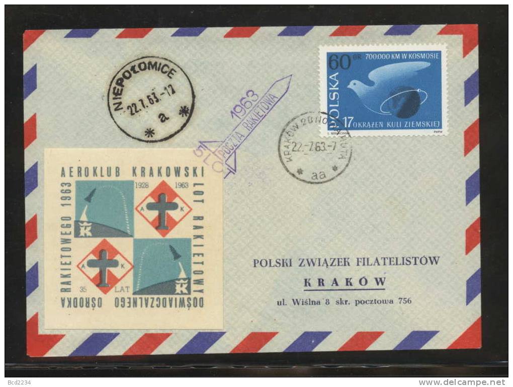 POLAND 1963 KRAKOW ROCKET CLUB FLIGHT COVER Rocket Post Cancel Space - Sonstige (Luft)