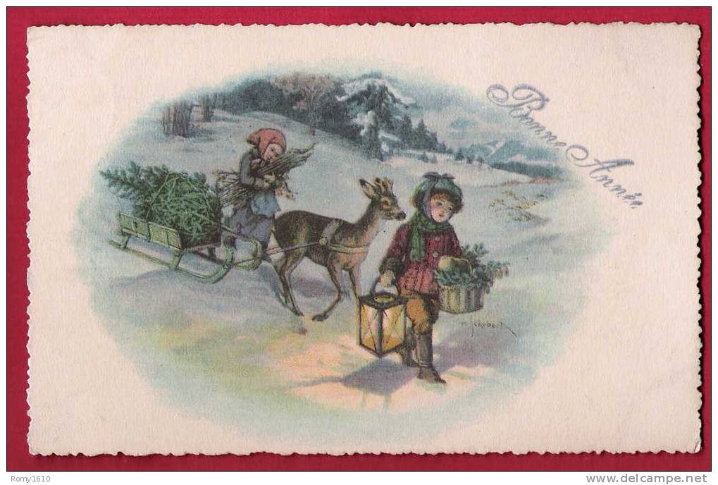 Bonne Année.-  Enfans, Traîneau Tiré Par Un Cerf. Très Belle Illustration,  H. Schubert. - Schubert