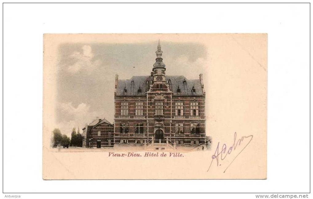 Mortsel Oude-god  Gemeentehuis Met Café Minerva Gelopen 1912 Mooie Kleurkaart - Mortsel