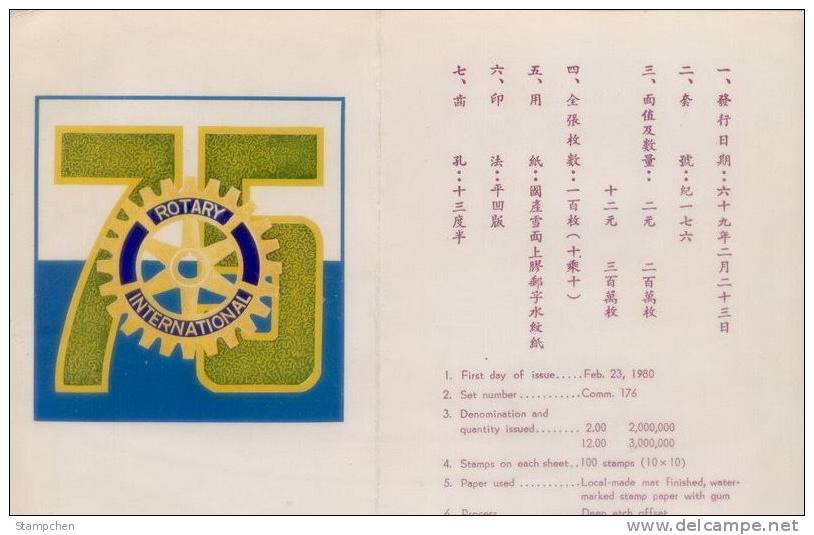 Folder Taiwan 1980 75th Anni. Rotary Internat. Stamps Map Globe Ambulance Fire Engine Clock Red Cross - Neufs