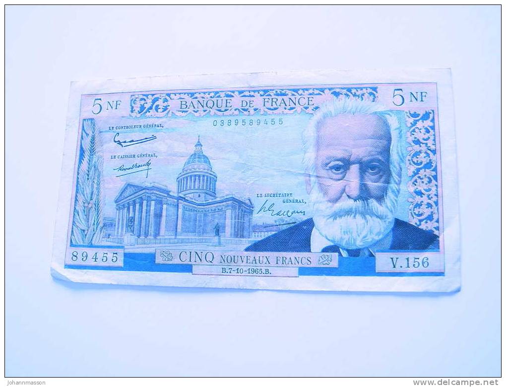 5 Nouveaux Francs Victor Hugo Du 7 - 10 - 1965 - 5 NF 1959-1965 ''Victor Hugo''