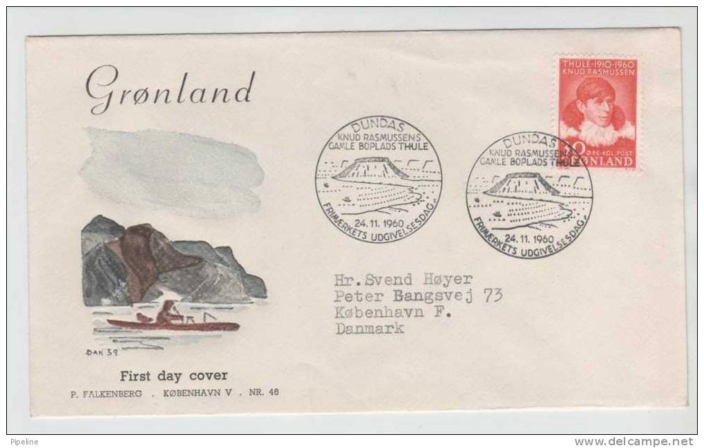 Greenland FDC Knud Rasmussen THULE 1910 - 1960 DUNDAS 24-11-1960 With Cachet Sent To Denmark - Autres & Non Classés