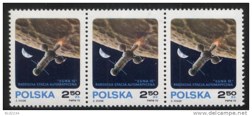 POLAND 1970 AUTOMATIC SPACE STATION LUNA 16 IN ORBIT STRIP OF 3 NHM Russia USSR ZSSR Cosmos Take Off From Moon - Europa