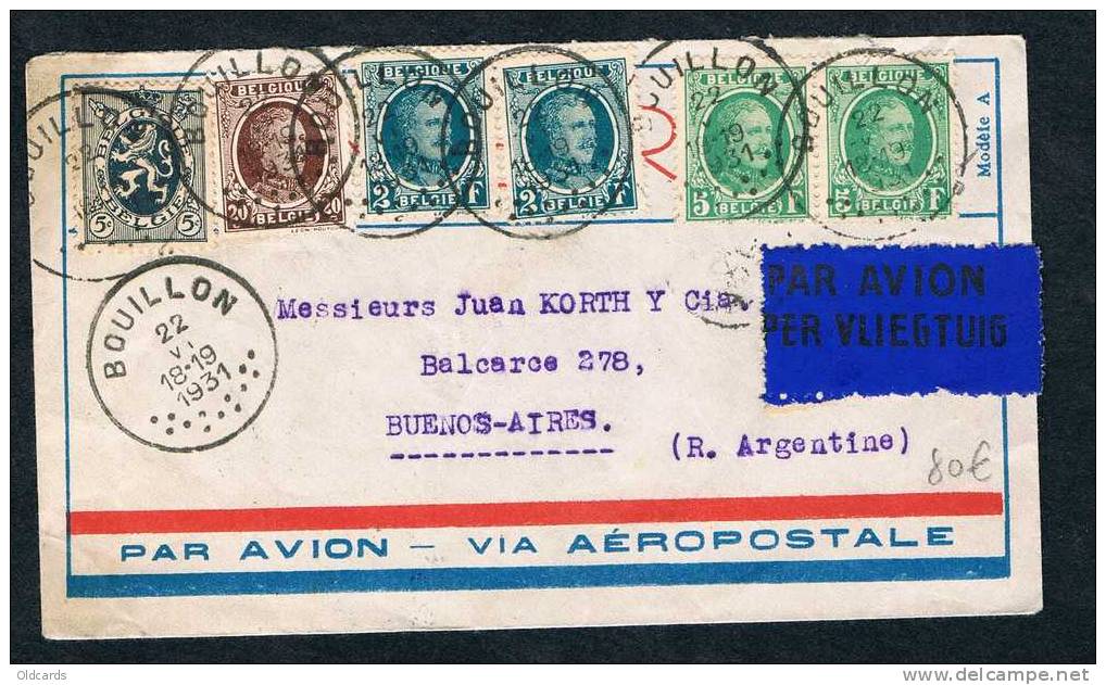 Belgique 1931 Lettre Par Avion Affr. N°279 + 196 + 208 X2 + 209 X2 De Bouillon Pour L'Argentine. - Lettres & Documents