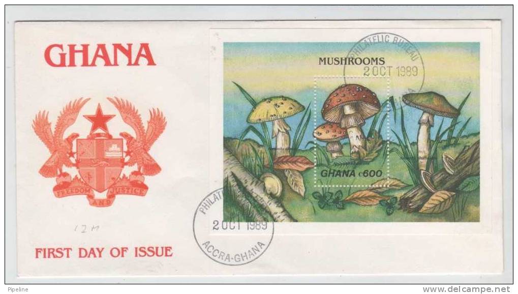 Ghana FDC 2-10-1989 Mushrooms Souvenir Sheet On Cover With Cachet - Ghana (1957-...)