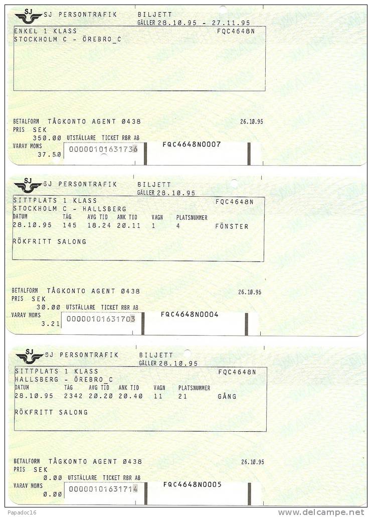 Ticket / Billet / Biljett - SJ Personentrafik - Enkel 2 Klass : Stockholm - Hallsberg - Örebro (28.10.1995) - Europe