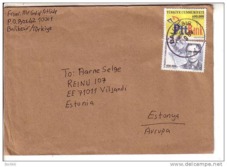 GOOD TURKEY Postal Cover To ESTONIA 2009 - Good Stamped: Bank ; Asta - Cartas & Documentos