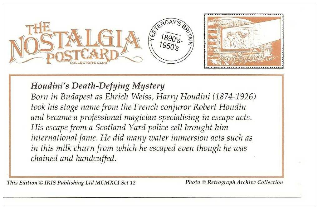 Nostalgia Series Postcard  Houdini's Death-Defying Mystery - Artistes