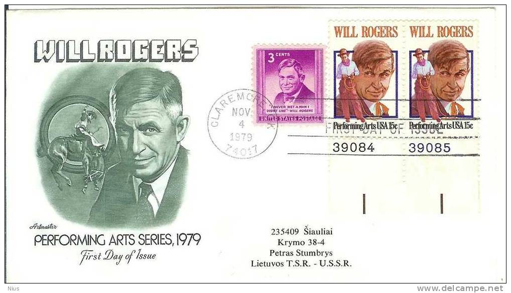 USA United States FDC 1979 Actor Comedian Humorist Will Rogers, Western Film Cinema Movie, Canceled In Claremore - 1971-1980