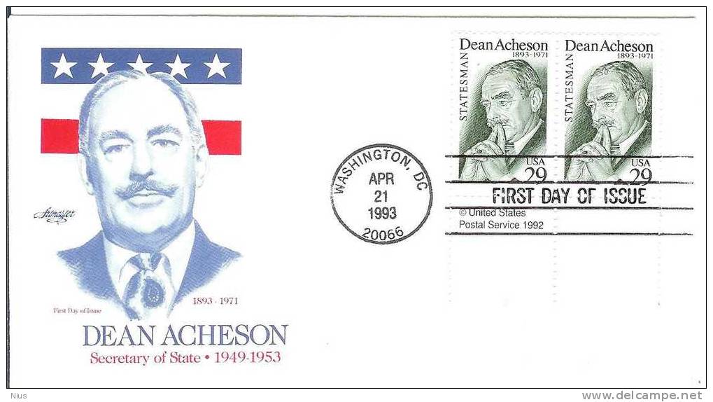 USA United States 1993 FDC Dean Acheson, Statesman Author Writer, Canceled In Washington - 1991-2000