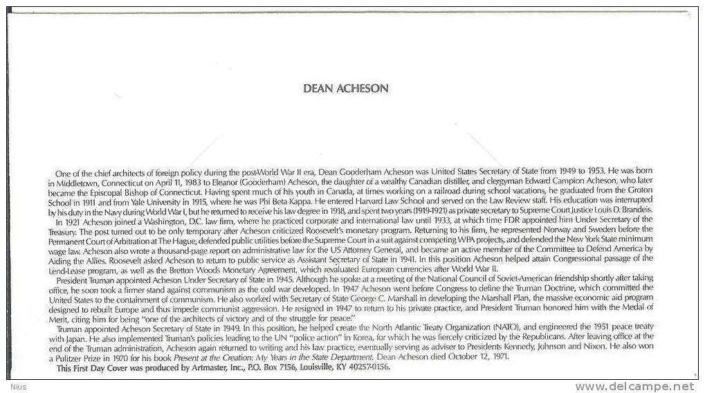 USA United States 1993 FDC Dean Acheson, Statesman Author Writer, Canceled In Washington - 1991-2000